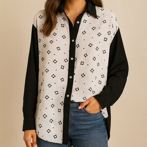 Versace Jeans Couture Tops - Vintage 90s Versace Patterned Button Down Blouse Black White Size XL